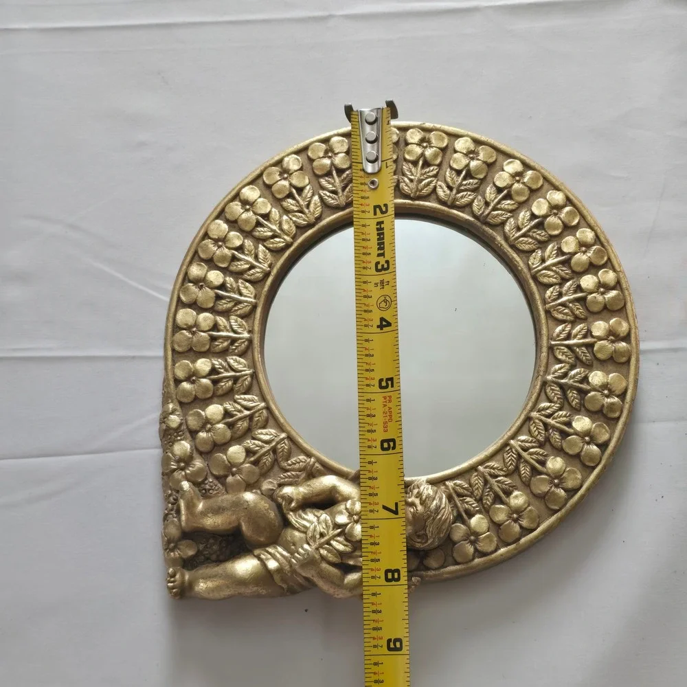 Vintage Gold Cherub Wall Mirror Floral Angel Frame Hollywood Regency 8.5in